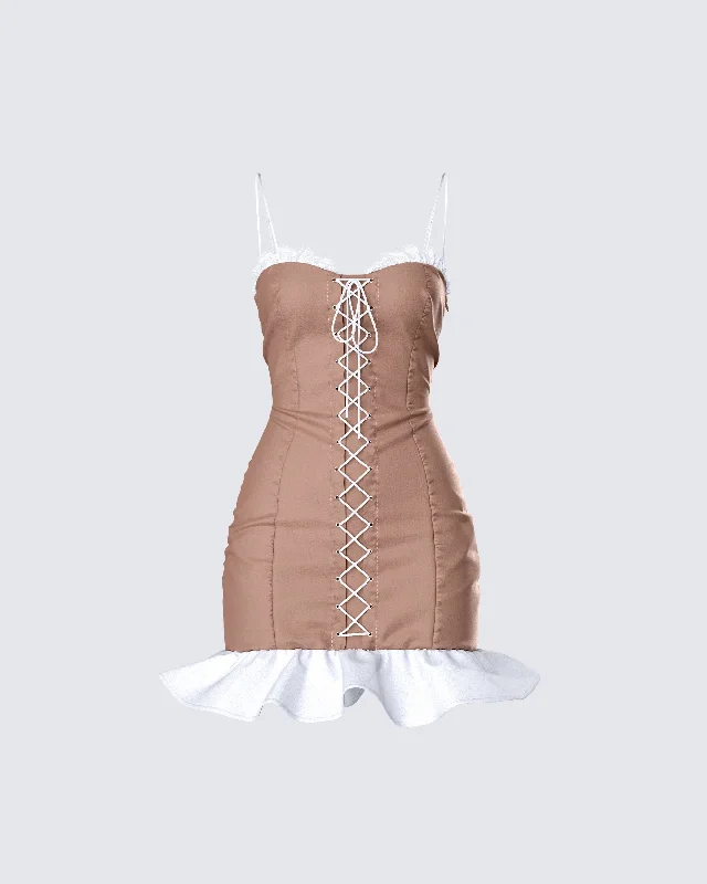 comfy dressAza Taupe Lace Up Mini Dress