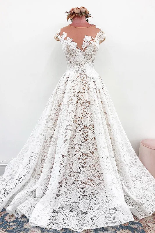 Special Savings minimalistic dressIllusion Neck All Over Lace Wedding Dress with Court Train