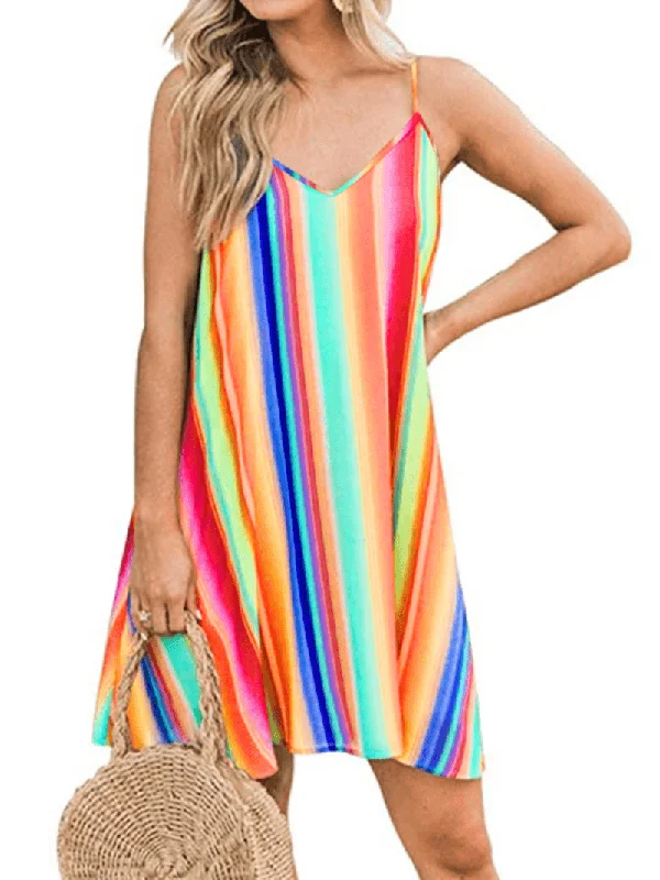 Markdowns mini dressV-Neck Color Patchwork Sleeveless Summer Holiday Dress for Women