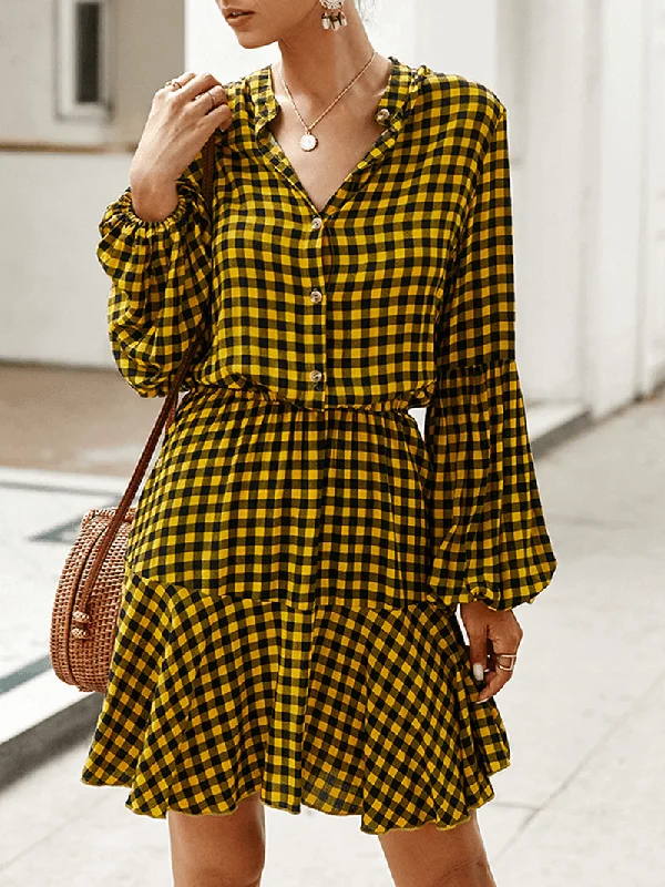Don't Miss backless dressLong Sleveed Plaid Stand Collar Causal Shirt Dress for Women