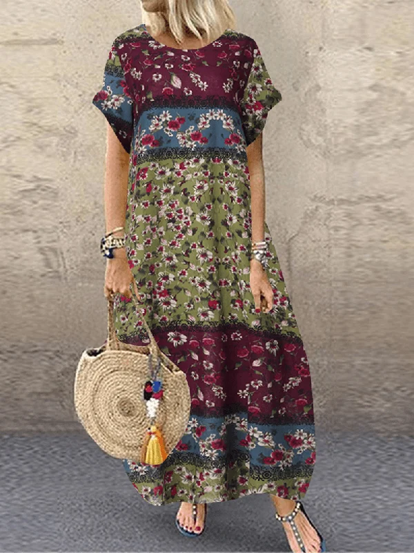 Bargain Prices elegant shift dressWomen Casual Loose Cotton Floral Print Short Sleeve Dress