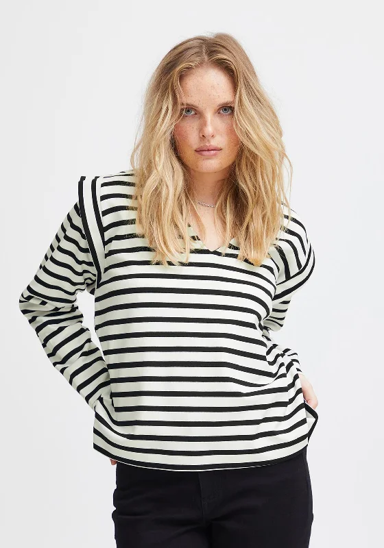 casual hoodie with logoIchi Tira V-Neck Striped Sweatshirt, Black & White