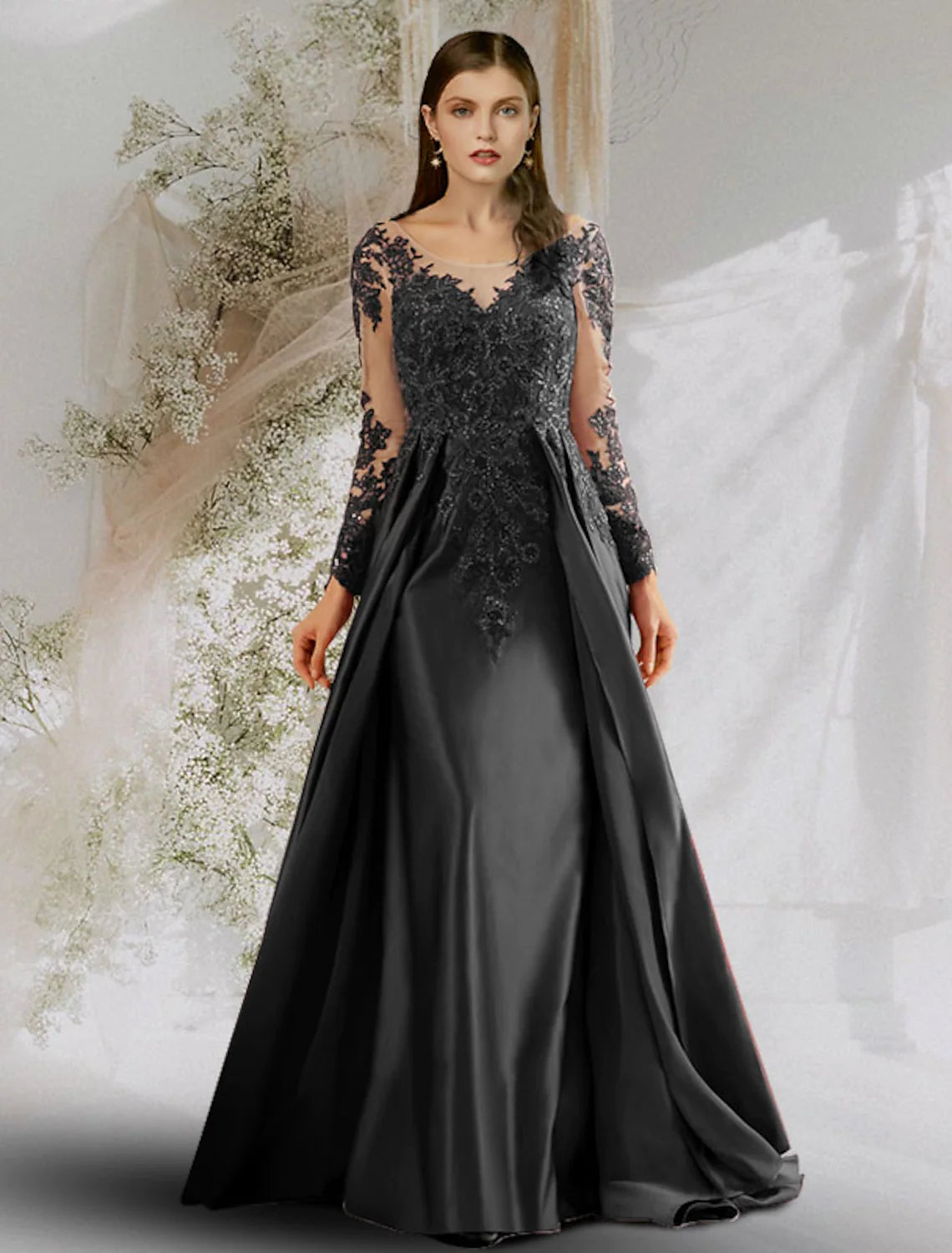 Price Rollback A-Line Beautiful Back Sexy Floral Prom Formal Evening Dress Boat Neck Long Sleeve Satin with Appliques