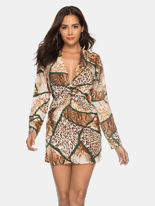 Midnight Sale luxury dressSnake Print Cross V Neck Pleated Chiffon Mini Dress