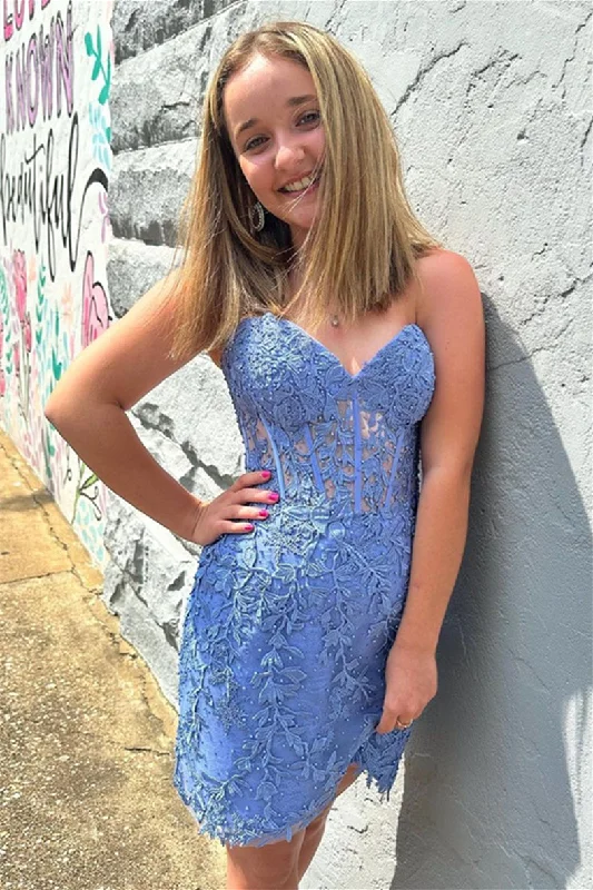 The Best Prices chic shift dressBlue Lace-Up Appliques Strapless Sheath Homecoming Dress