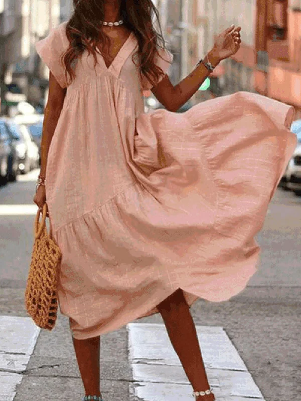 Super Bargain one-shoulder dressWomen Casual Cotton Solid Color V-Neck Irregular Hem Dress