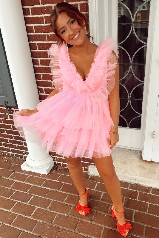 Clearance Items midi dressPink Ruffle-Layers Plunging V Neck Homecoming Dress