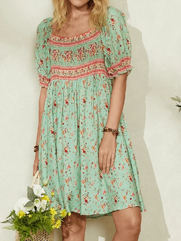 Seasonal Sale vintage dressWomen Ditsy Floral Print Shirred Detail Half Sleeve Vintage Midi Dresses