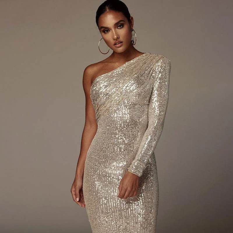 Online Exclusive floral wrap dressOne-Shoulder Strapless Waist Sequined Shiny Catwalk Stage Dress