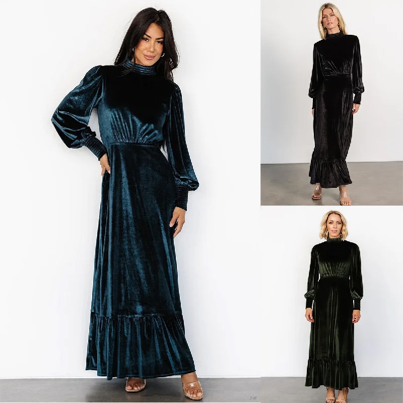 Price Reduction luxury dressBrushed Sleeves Dress Half Turtleneck High Waist Slim Fit Dress