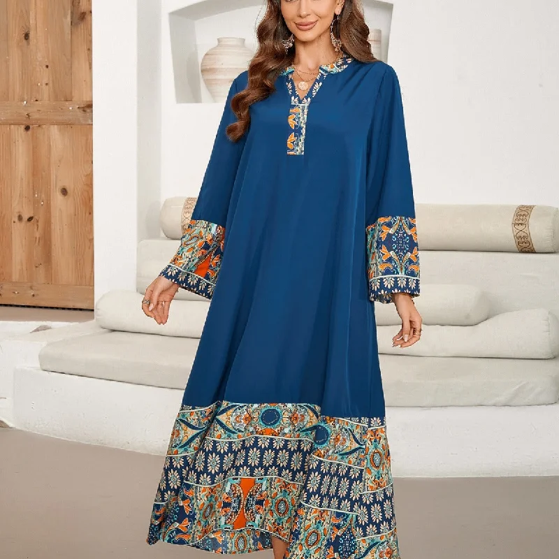 Unmissable Offer elegant shift dressPrinted Long Patchwork V-neck Elegant Mid-length Sleeve Dress
