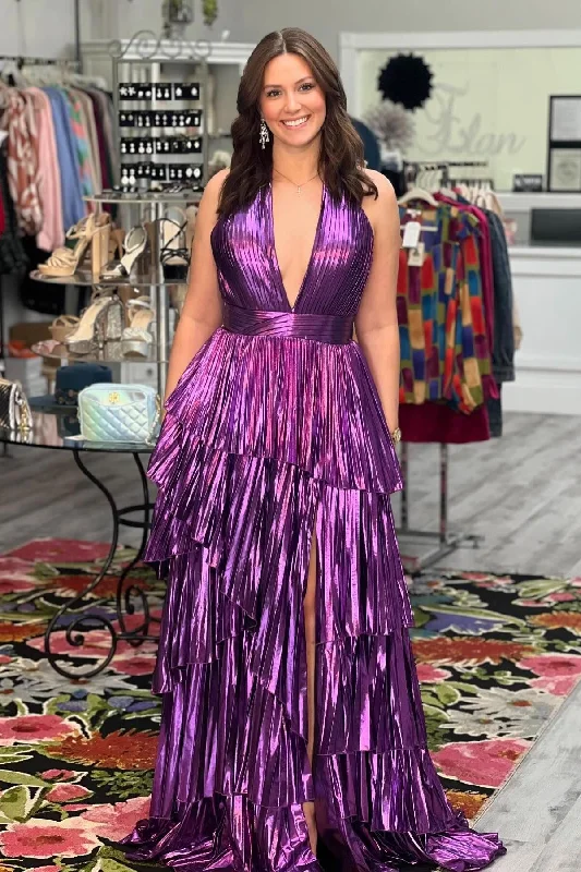 Extra Savings modern dressHalter Purple Metallic Pleated Ruffle Long Formal Dress