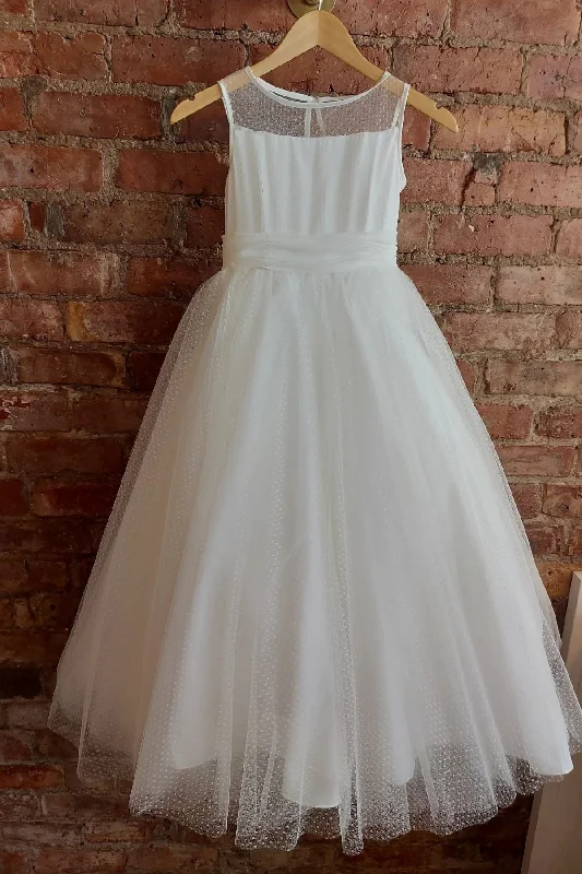 Early Access wool dressWhite Illuison Neck Dot Long Flower Girl Dress with Bow Sash