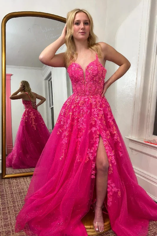 Last Chance ashionable dressHot Pink Floral A-line Layers Long Prom Dress with Slit