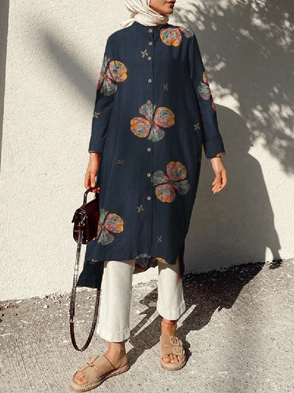 Clearance Sale draped dressWomen Cotton Flowers Print Kaftan Long Sleeve Retro Shirt Dress