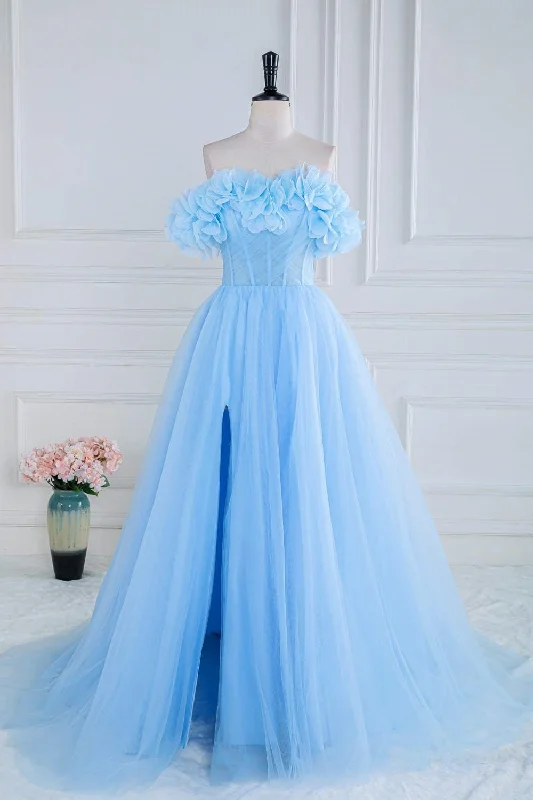 Huge Discounts structured dressLight Blue Flowers Off-Shoulder A-line Long Prom Dress with Slit