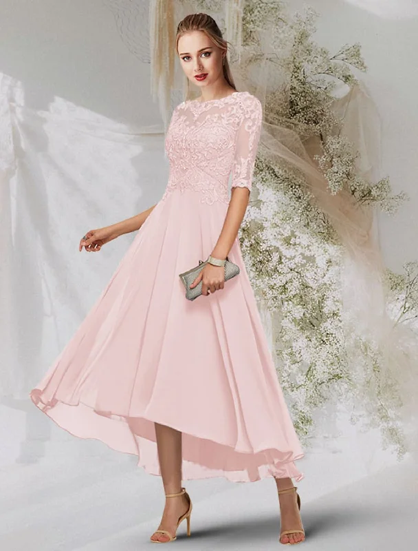 Deep Discounts A-Line Evening Gown Empire Dress Wedding Guest Asymmetrical Long Sleeve Jewel Neck Chiffon with Beading Lace Insert Deep Discounts A-Line Evening Gown Empire Dress Wedding Guest Asymmetrical Long Sleeve Jewel Neck Chiffon with Beading Lace Insert