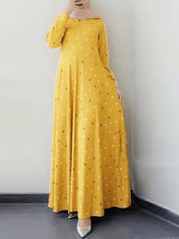 Discount Deals casual summer dressWomen Geometric Printed O-Neck Button Cuffs Bohemian Muslim Kaftan Maxi Dress