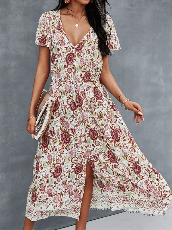 Limited Time Offer layered dressFlower Button Drawstring V-Neck Short Sleeve Print Dress for Women