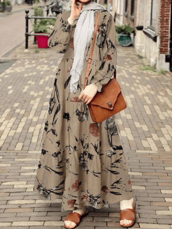 Savings Alert ruched dressWomen Retro Floral Printing Puff Sleeve O-Neck Casual Holiday Maxi Dress