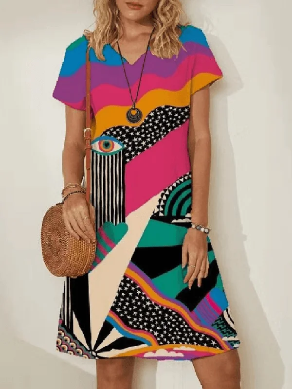 Holiday Sale off-shoulder dressWomen Colorful Mixed Abstract Print V-Neck Casual Short Sleeve Midi Dresses