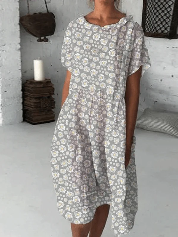 Bargain Blast boho-chic dressSunflower Print Crew Neck Short Sleeve Casual Midi Dress in Cotton Blends
