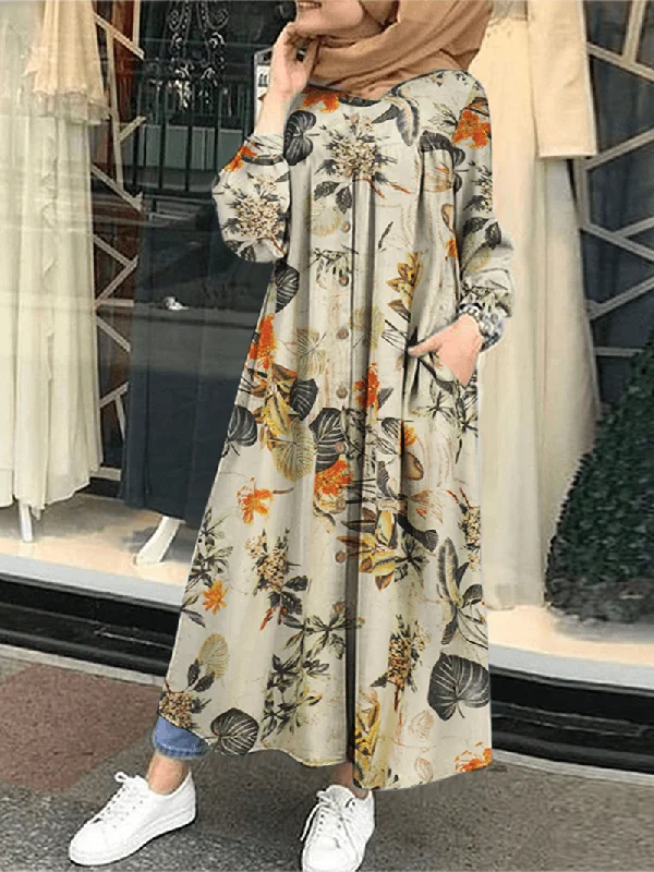 Markdowns lace dressFloral Leaf Printed Button down Front Kaftan Tunic Maxi Dress with Side Pockets