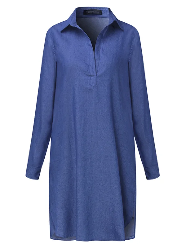 Season Finale Sale wrap-around dressWomen Casual V Neck Denim Blue Jean Fold Sleeve Mini Dress