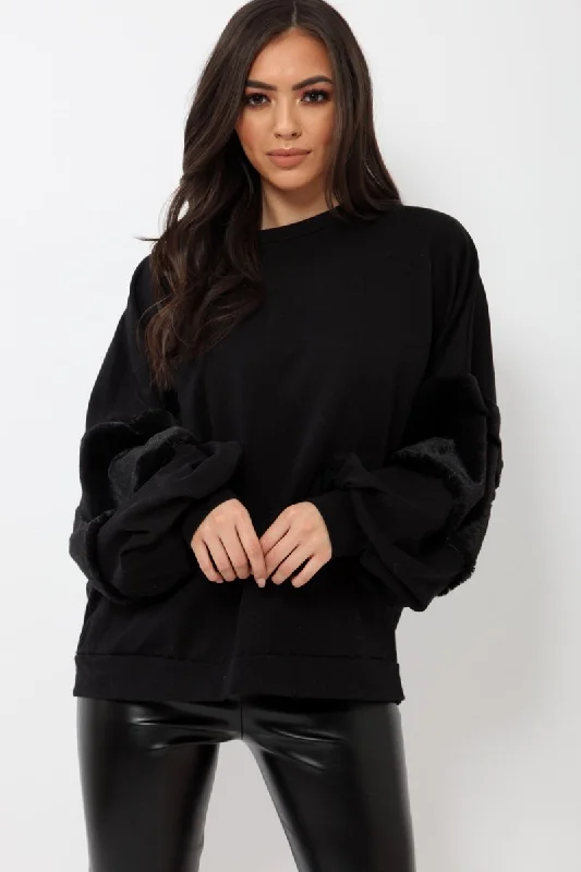 relaxed pullover sweaterBlack Jumper with Fur Sleeves - Stephanie