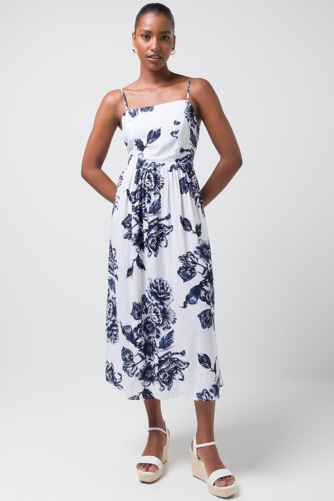 satin dressStrappy Midi Dress Blue & White