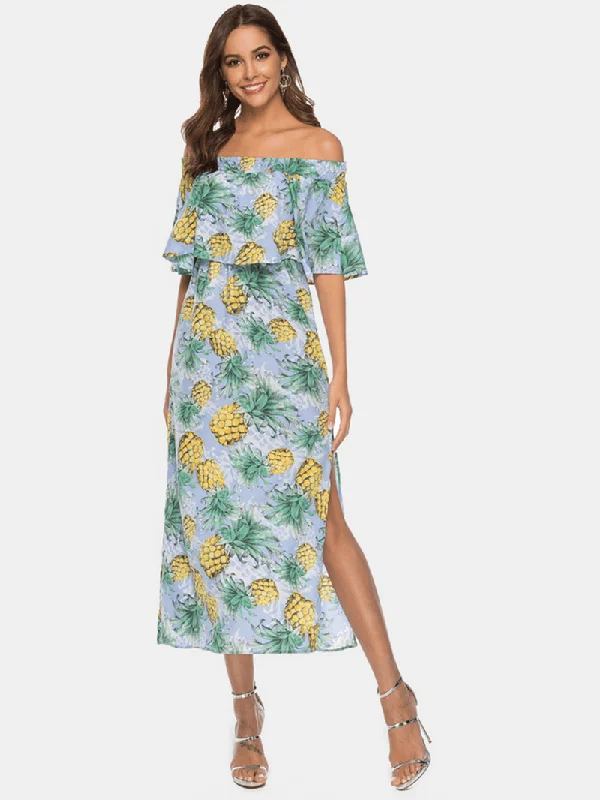 Lowest Price puff sleeve dressWomen off Shoulder Floral Print Split Causal Midi Dress