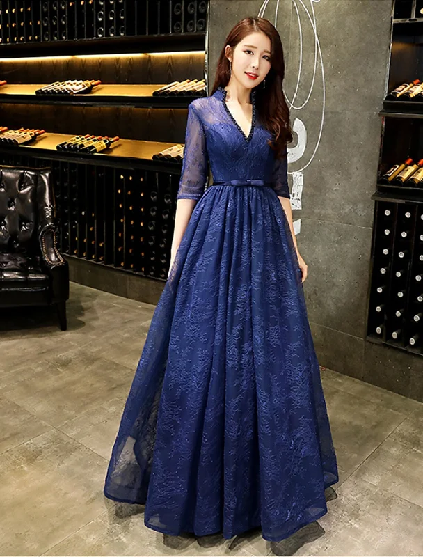 Great Bargains A-Line Evening Gown Beautiful Back Dress Wedding Guest Floor Length Half Sleeve V Neck Lace with Beading