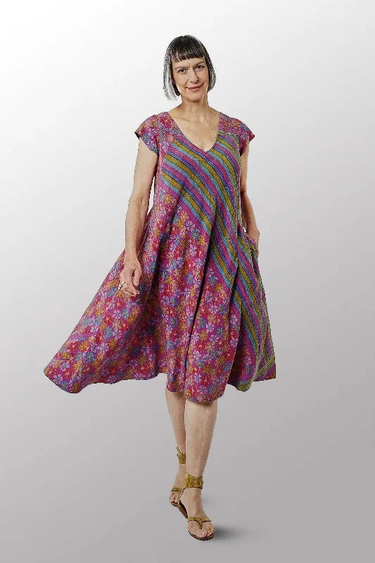 Unmissable Offer VINTAGE SILK GEORGETTE KANTHA CAP SLV. FLARE DRESS - sg2425-0004m -