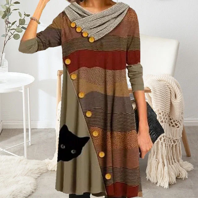 Major Savings playful dressCat Print Patchwork Dress