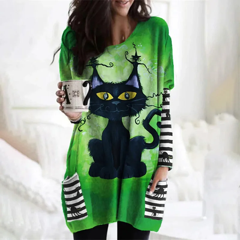 Special Discount elegant shift dressCat Print Halloween Shirt Dress