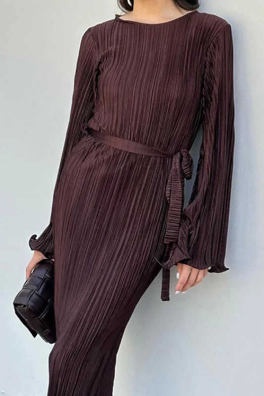 shift dressPleated Long Flares Sleeve Tie-waist Dress