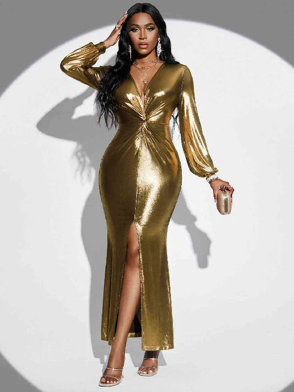 Price Meltdown puff sleeve dressPlunge Twisted Slit Sexy Gold Long Sleeve Bodycon Midi Gold Dress