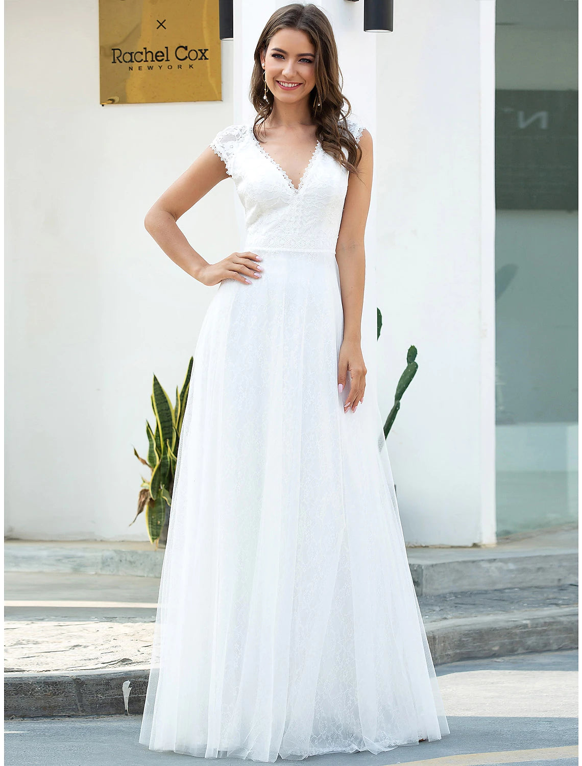 Limited Time Discount Beach Wedding Dresses Floor Length A-Line Short Sleeve V Neck Lace With Lace