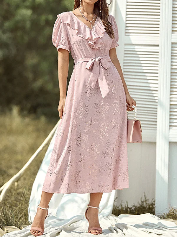 casual knit dressBeverly Casual Pink Ruffle Puff Sleeve Midi Dress