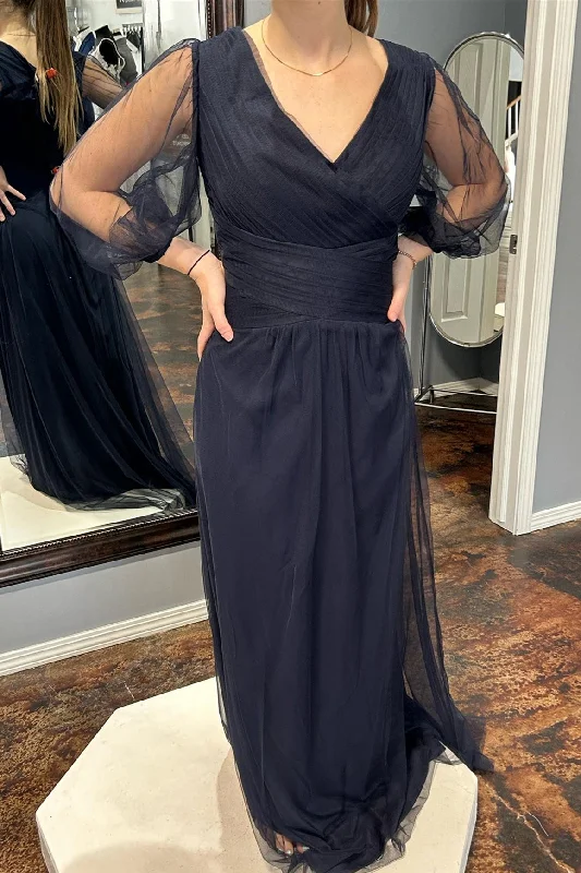Low Prices elegant maxi dressDark Navy Deep V Neck Illusion Sleeves Tulle Long Bridesmaid Dress