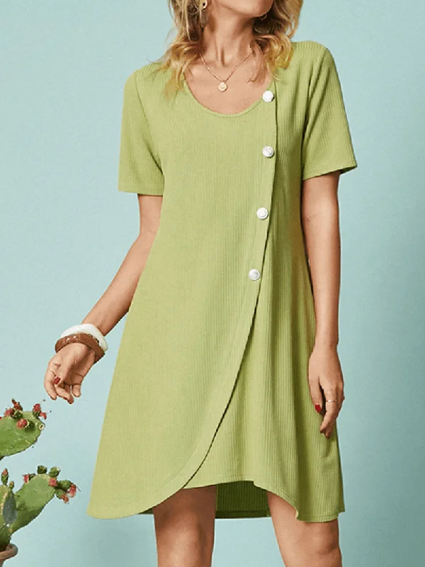 Buy More, Save More cocktail dressButton Solid Color Short Sleeve O-Neck Casual Dress for Women