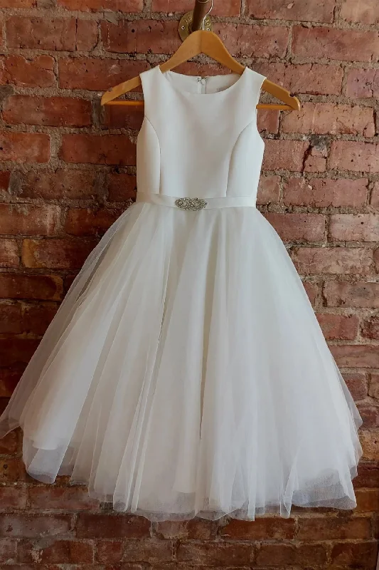 Overstock v-neck dressWhite Jewel Sleeveless Buttons Long Flower Girl Dress with Silver Adornment