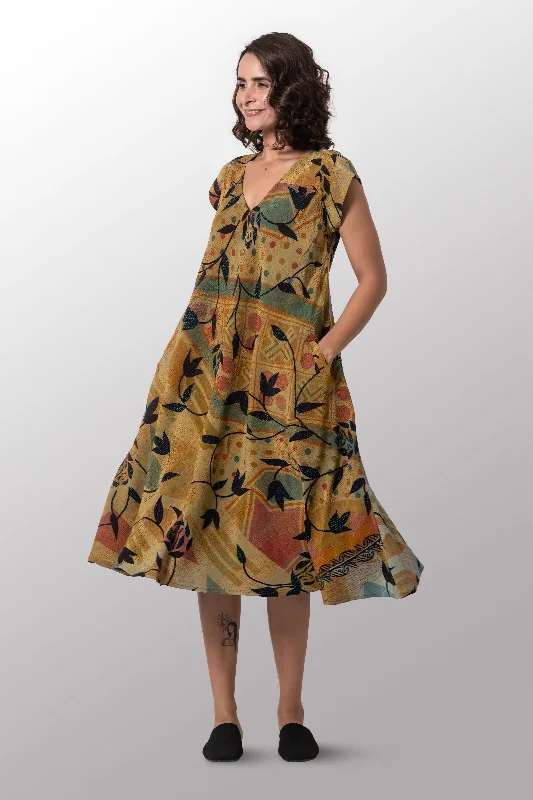 Steals and Deals VINTAGE SILK GEORGETTE KANTHA CAP SLV. FLARE DRESS - sg2425-0002m -