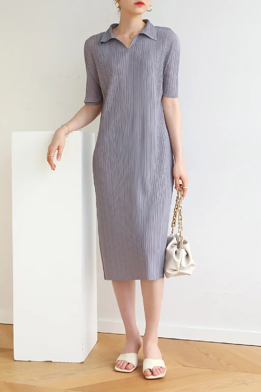 casual midi dressStriped Polo Neck Full Pleated Dress