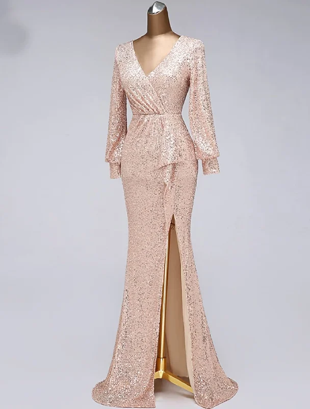 Final Sale Evening Gown Elegant Dress Wedding Guest Floor Length Long Sleeve V Neck Tulle with Sequin Slit