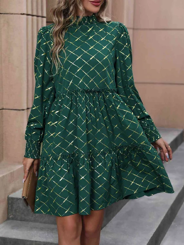Year-End Clearance form-fitting dressMock Neck Frill Trim Long Sleeve Mini Dress