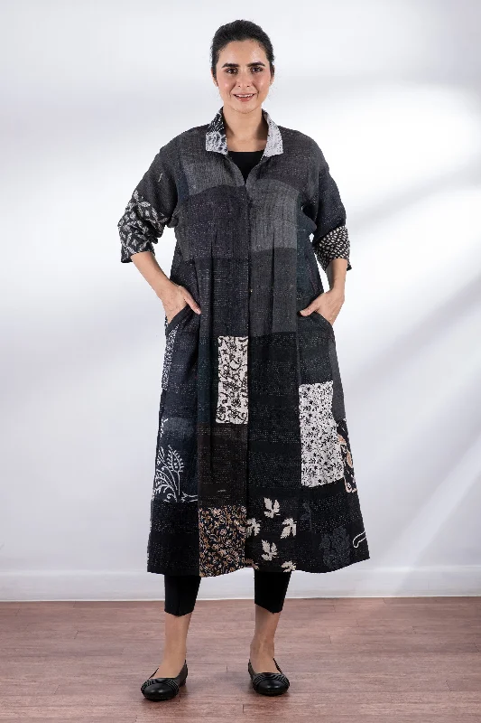 Price Smash VINTAGE BOTTOM PRINT KANTHA SIDE PLEATED DRESS - vb2435-blk -
