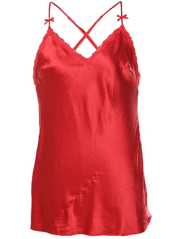 Limited Edition trendy casual outerwearCriss-Cross Back Red Lace Trim Silky Camisole Top - M