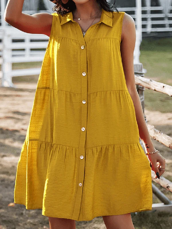 Price Cut long sleeve dressSolid Color Lapel Sleeveless Button Loose Casual Dress for Women