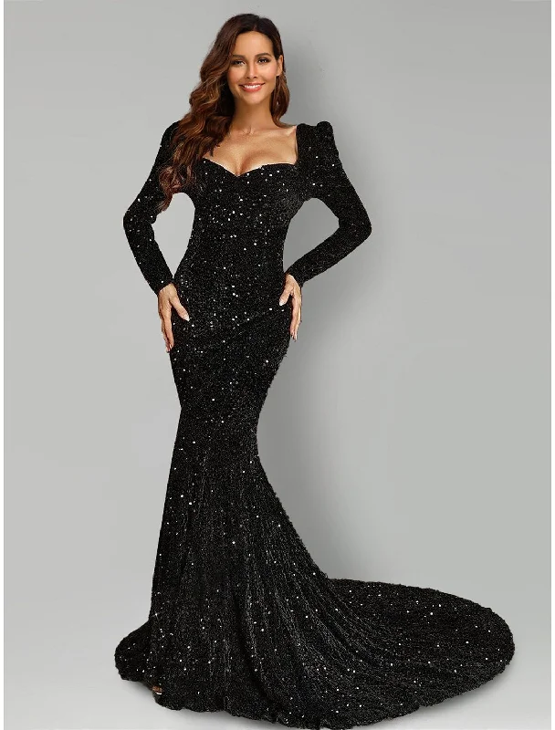 Online Specials Evening Gown Black Dress Formal Court Train Long Sleeve Square Neck Sequined